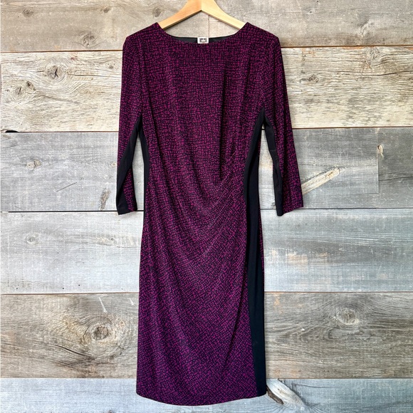 NWT Anne Klein Sheath Dress 3/4 Sleeve Stretch Ruching Office Black‎ Purple 10 - Picture 1 of 10